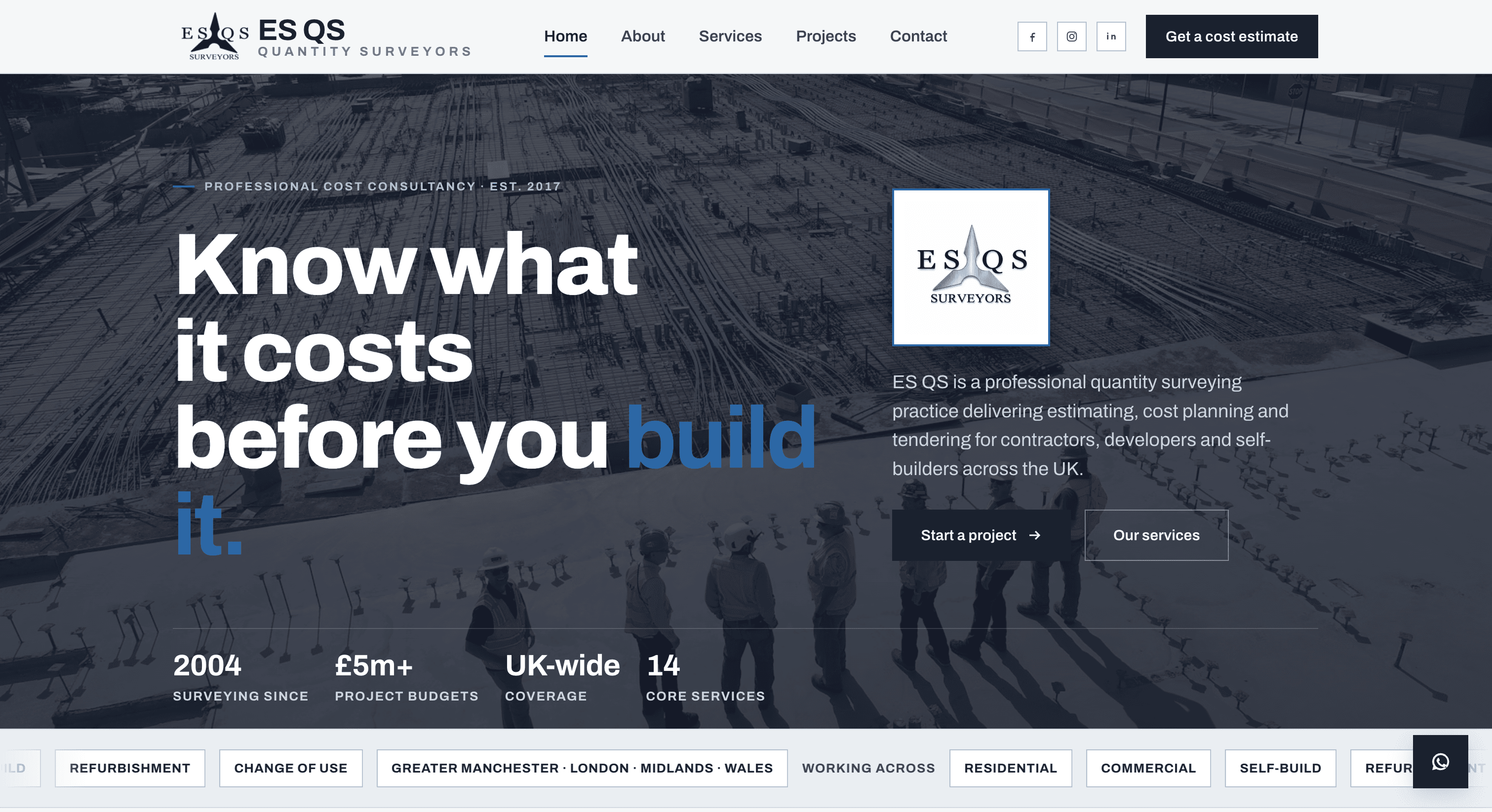 ES QS Quantity Surveyors : une capture d'écran du produit en ligne