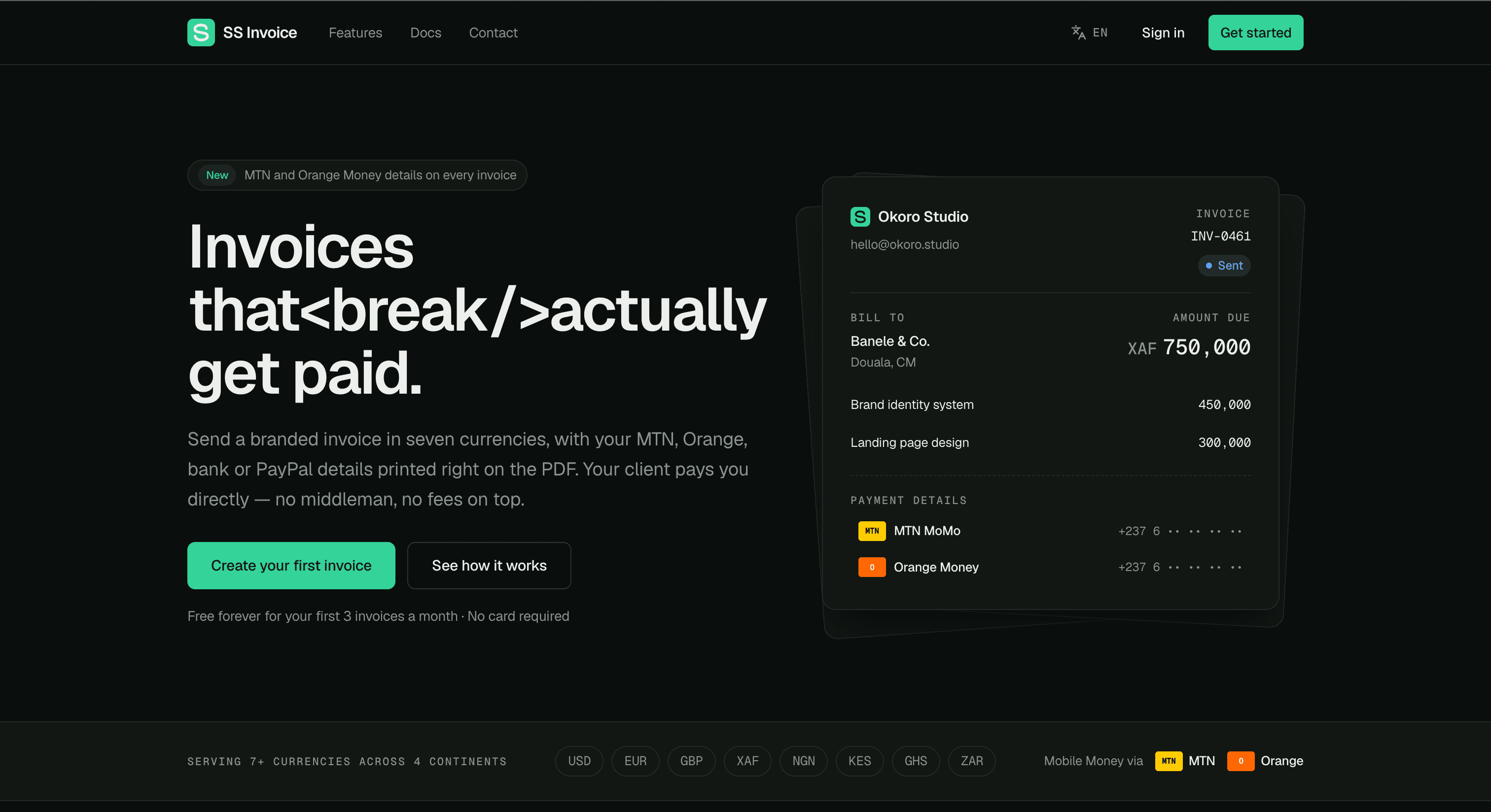 Simplified Invoice: a screenshot of the live product